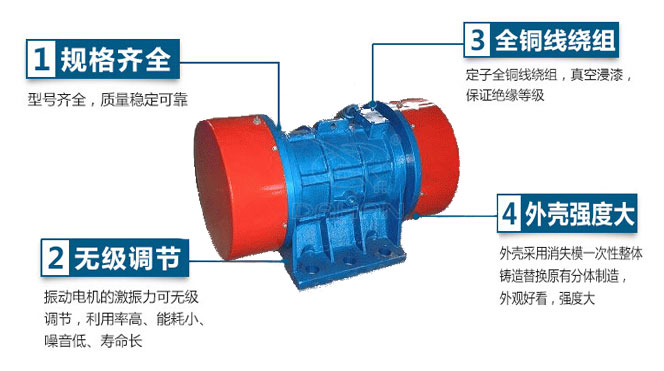 VB振動電機(jī)特點(diǎn)：1，規(guī)格齊全：型號齊全，質(zhì)量穩(wěn)定可靠。2，無極調(diào)節(jié)：振動電機(jī)的激振力可無極調(diào)節(jié)，利用率高，能耗小，噪音低，壽命長。4，外殼輕度大：外殼采用消失模一次性整體鑄造替換原有分體制造，外觀好看，強(qiáng)度大。