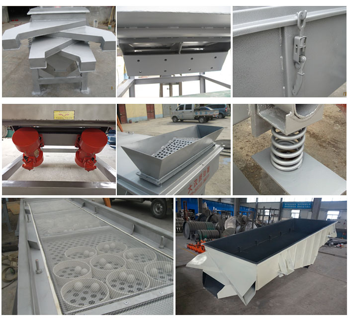 多層直線振動篩由進料口,底座,振動電機,篩網(wǎng),篩框,彈簧,出料口等組成。