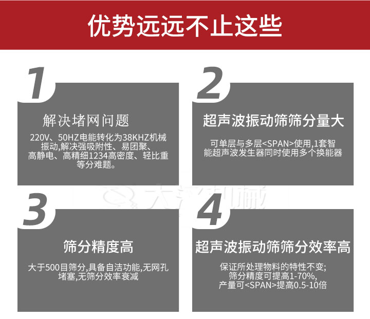 超聲波振動(dòng)篩優(yōu)勢(shì)：1，高效解決堵網(wǎng)問(wèn)題220V，50HZ電能轉(zhuǎn)化為38KHZ機(jī)械振動(dòng)，解決強(qiáng)吸附性，易團(tuán)聚，高靜電，高精細(xì)1234高密度，輕比重等難題。2，超聲振動(dòng)篩篩分量大：可單層與多層使用1套只能超聲波發(fā)生器同時(shí)使用多個(gè)換能器。3，適合大于500目篩分，具備自潔功能，無(wú)網(wǎng)孔堵塞，無(wú)篩分效率衰減。4，超聲波振動(dòng)篩篩分效率高：保證所處理物料的特性不變，篩分精度可提高1-70%。