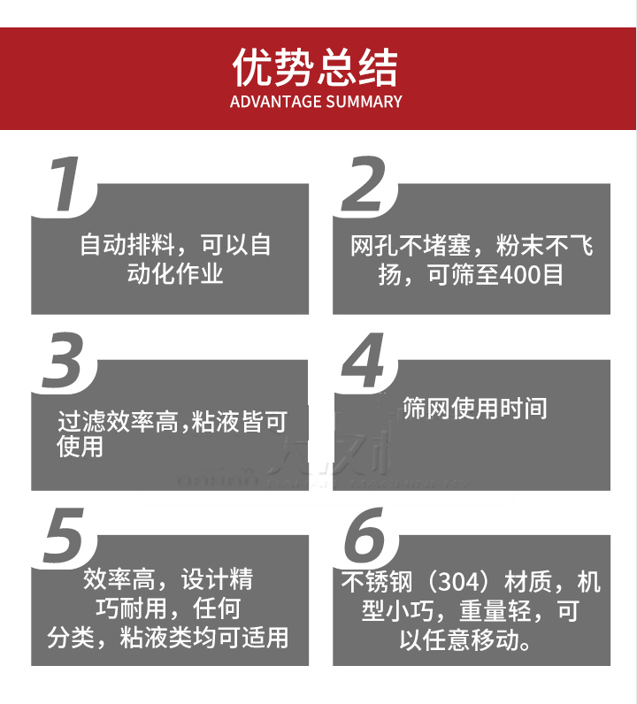 過濾篩優(yōu)勢總結(jié)：1，自動排料，可以自動化作用。2，網(wǎng)孔不堵塞，粉塵不飛揚，可篩至400目。3，過濾效率高，任何粒，粉，粘液也可使用。4，篩網(wǎng)設計大大提高了篩網(wǎng)使用時間，也魏換網(wǎng)提高了方便。5，效率高，設計精巧耐用，任何分類設計精巧耐用，任何分類，粘液類均可適用。6，不銹鋼材質(zhì)機型小巧，重量輕，可以任意移動。