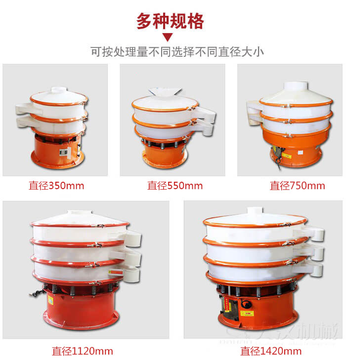塑料振動篩不同篩分直徑進行展示：350，550，750，1120，1420等。