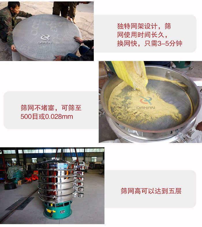 三次元振動(dòng)篩的特點(diǎn)：篩網(wǎng)使用時(shí)間長(zhǎng)換讓時(shí)間短，篩網(wǎng)不堵塞，可篩至500目或0.028mm。