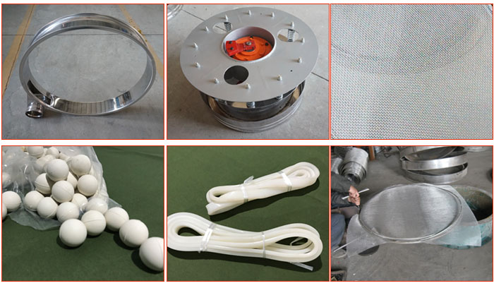 800型全不銹鋼振動(dòng)篩配件有：振動(dòng)篩篩框，電機(jī)，不銹鋼篩網(wǎng)等。