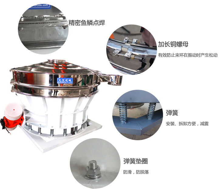 1500直排篩細節(jié)展示：彈簧，彈簧墊圈，加長銅螺母。