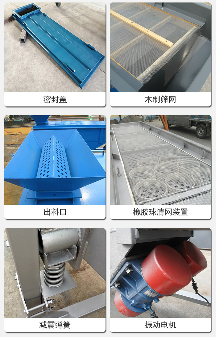 直線(xiàn)篩分機(jī)的結(jié)構(gòu)展示圖：篩箱是物料主要篩分設(shè)備之一，篩網(wǎng)用于篩分物料，振動(dòng)電機(jī)幫助篩網(wǎng)篩分。