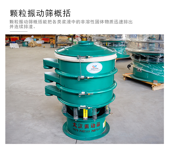 顆粒式振動篩是針對顆粒狀物料進行研發(fā)的，由于顆粒的形狀有很多的不同所以，廠家在清網(wǎng)裝置方面進行提升效率。