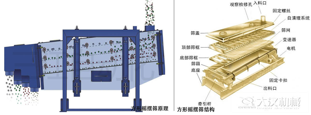 方形搖擺篩又稱往復(fù)篩，其驅(qū)動裝置所產(chǎn)生的振動力是繞固定軸，方向呈一定規(guī)律變化的慣性力，其本質(zhì)是有偏心輪繞定軸轉(zhuǎn)動所形成的往復(fù)慣性力。由于其慣性帶動物料的運動從而實現(xiàn)方形搖擺篩的篩分效果。該結(jié)構(gòu)是由：篩蓋，頂部篩框，底部篩框，篩網(wǎng)，出料口等部件組成。