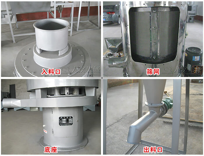 氣流篩部件展示：入料口，篩網(wǎng)，底座，出料口等。