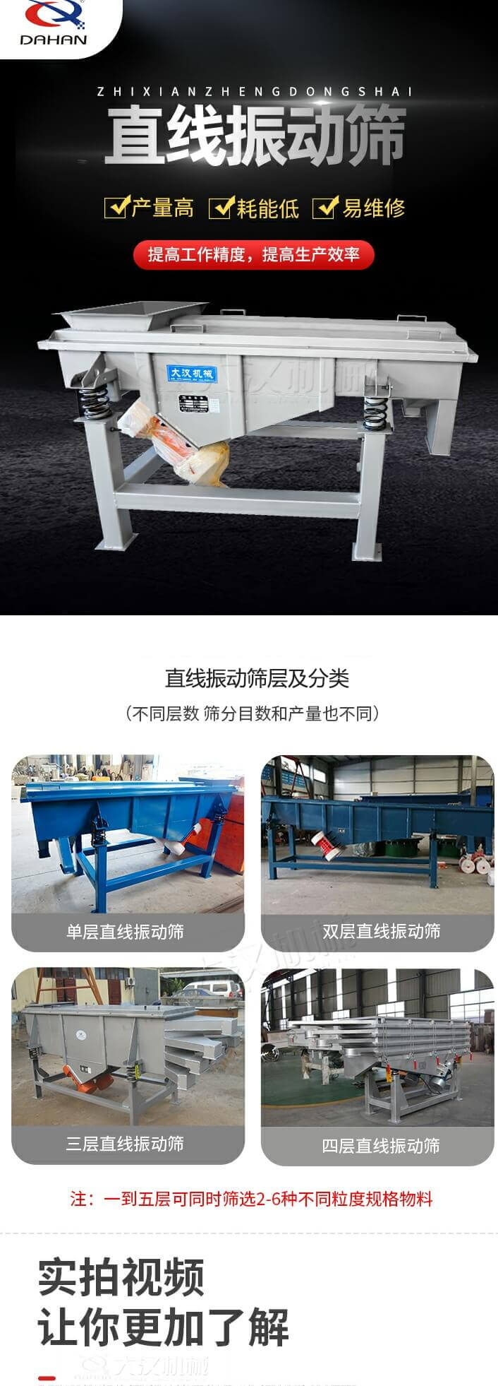 直線振動篩概述，產(chǎn)量高，耗能低，易維修，提高工作精度，提高生產(chǎn)效率，直線振動篩層級分類：不同層數(shù)，篩分目數(shù)和產(chǎn)量也不同：單層，雙層，三層，四層等。