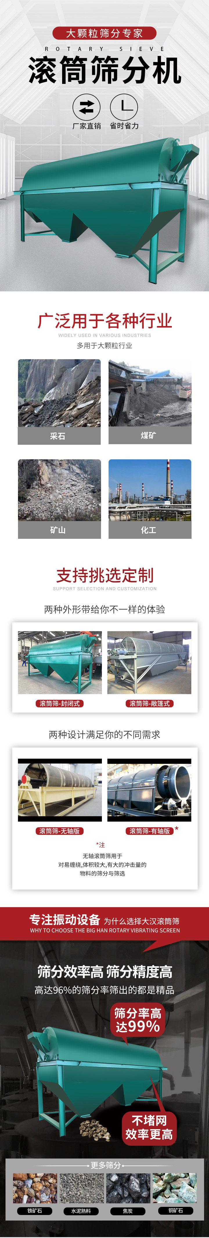 滾筒篩分機(jī)大顆粒篩分專(zhuān)家：廠家直銷(xiāo)，省時(shí)省力。滾筒篩被廣泛應(yīng)用各種行業(yè)：多用于大顆粒行業(yè)例如：采石，煤礦，礦山，化工等。滾筒篩定制類(lèi)型有哪些：封閉式與敞篷式產(chǎn)品結(jié)構(gòu)分為：無(wú)軸式，有軸式兩種，無(wú)軸滾筒篩用于對(duì)纏繞，體積較大，有大的沖擊量的物料的篩分與篩選。滾筒篩篩分效率高篩分精度能夠達(dá)到：96%也比較適用于鐵礦石，水泥熟料，焦炭，銅礦石。滾筒篩特點(diǎn)：不飛粉末：密封隔離罩，密封性好，工作過(guò)程不會(huì)出現(xiàn)飛粉現(xiàn)象。外型尺寸是按筒體長(zhǎng)計(jì)