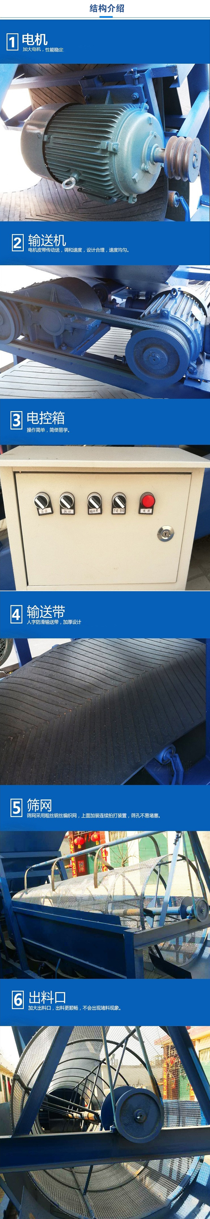 移動篩沙機結(jié)構(gòu):電機，加大電機，性能相對比較穩(wěn)定。輸送機：電機皮帶傳動送，調(diào)和速度，設(shè)計合理，速度均勻。電控箱：操作簡單，簡便易學。輸送帶：人字防滑輸送帶，加厚設(shè)計。篩網(wǎng)，采用粗絲鋼絲編織而成的篩網(wǎng)，上面加裝連續(xù)拍打裝置，篩孔不易堵塞。出料口：加大出料口，出料更順暢，不會出現(xiàn)堵料現(xiàn)象。