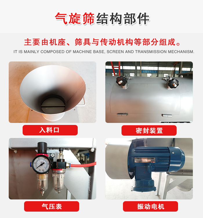 氣旋篩結(jié)構(gòu)：入料口，密封裝置，電機，氣壓表等