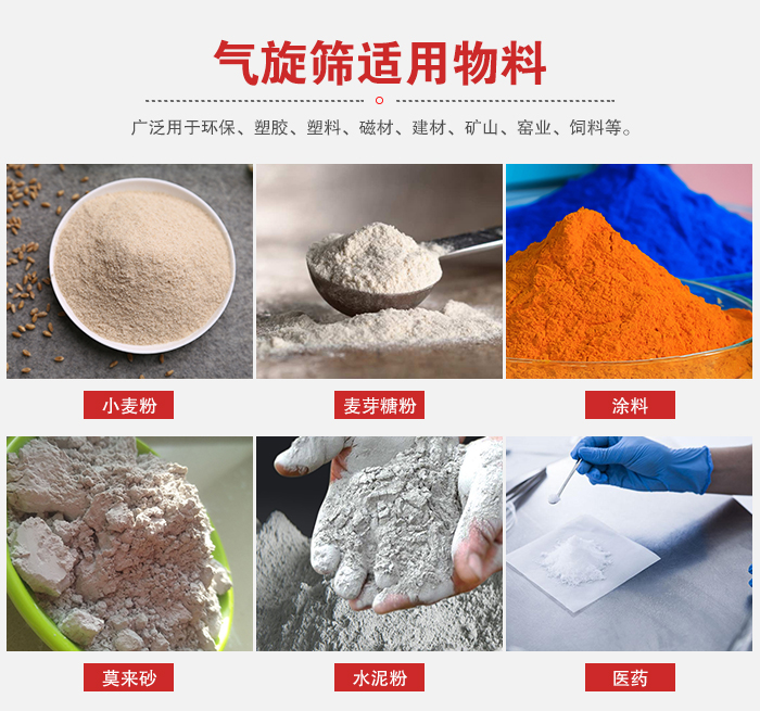 氣旋篩適用物料：小麥粉，麥芽糖粉，涂料，等粉狀物料。